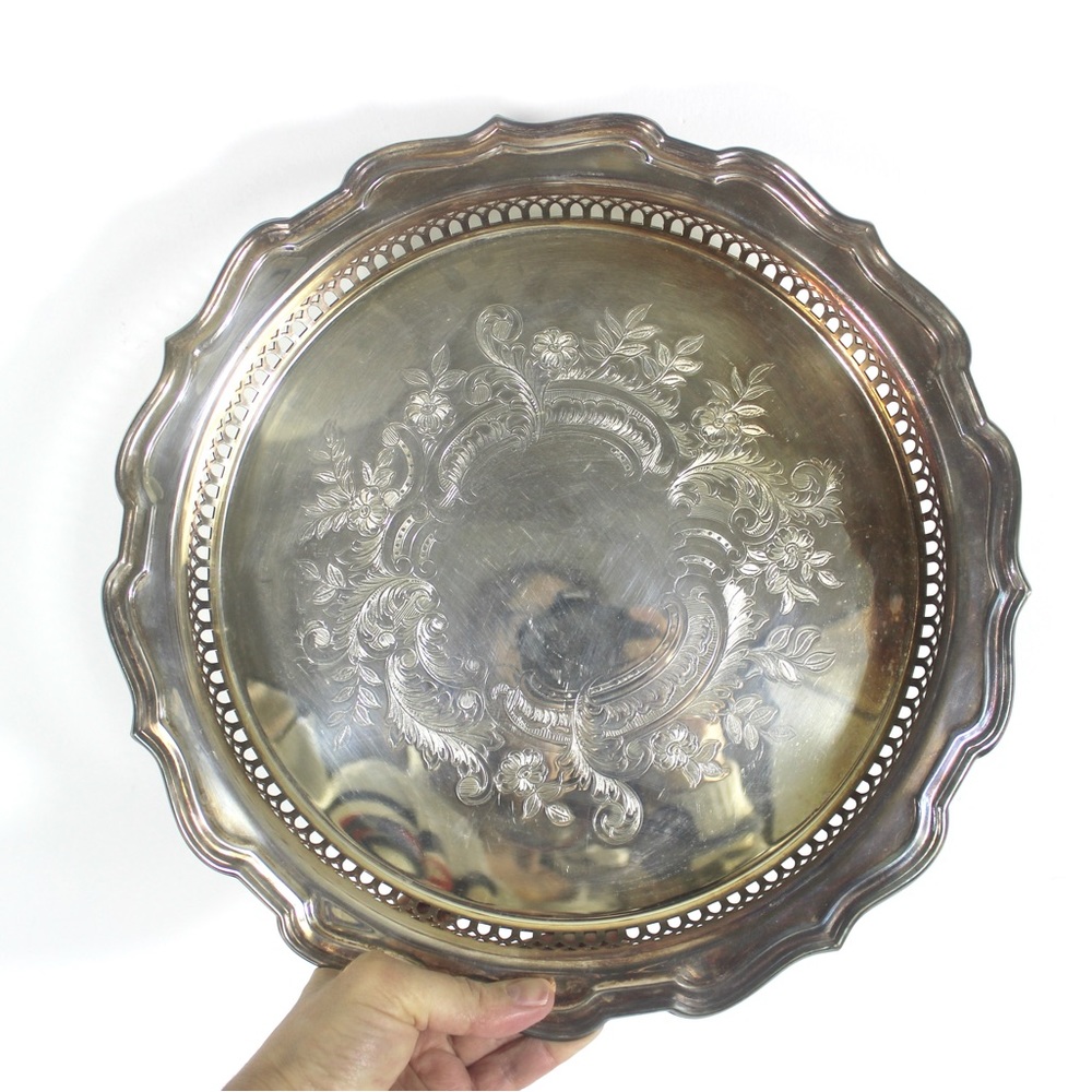 Large Round 12” Silver Plated Gallery Tray with a Wide Lip, Embossed Detail